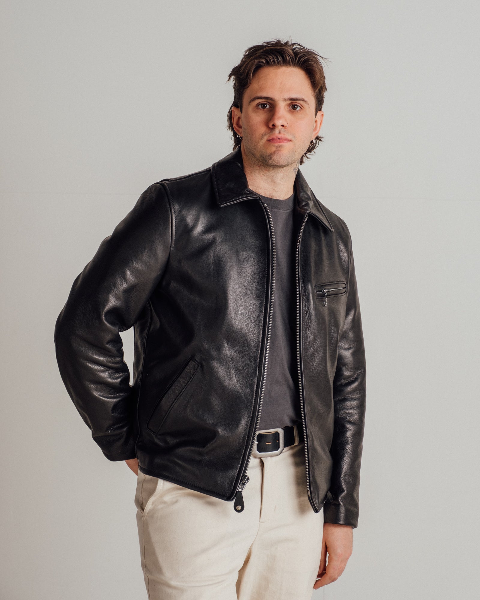 レザージャケット　schott nyc Schott NYC Waxed Natural Pebbled Cowhide Café Leather Jacket (530