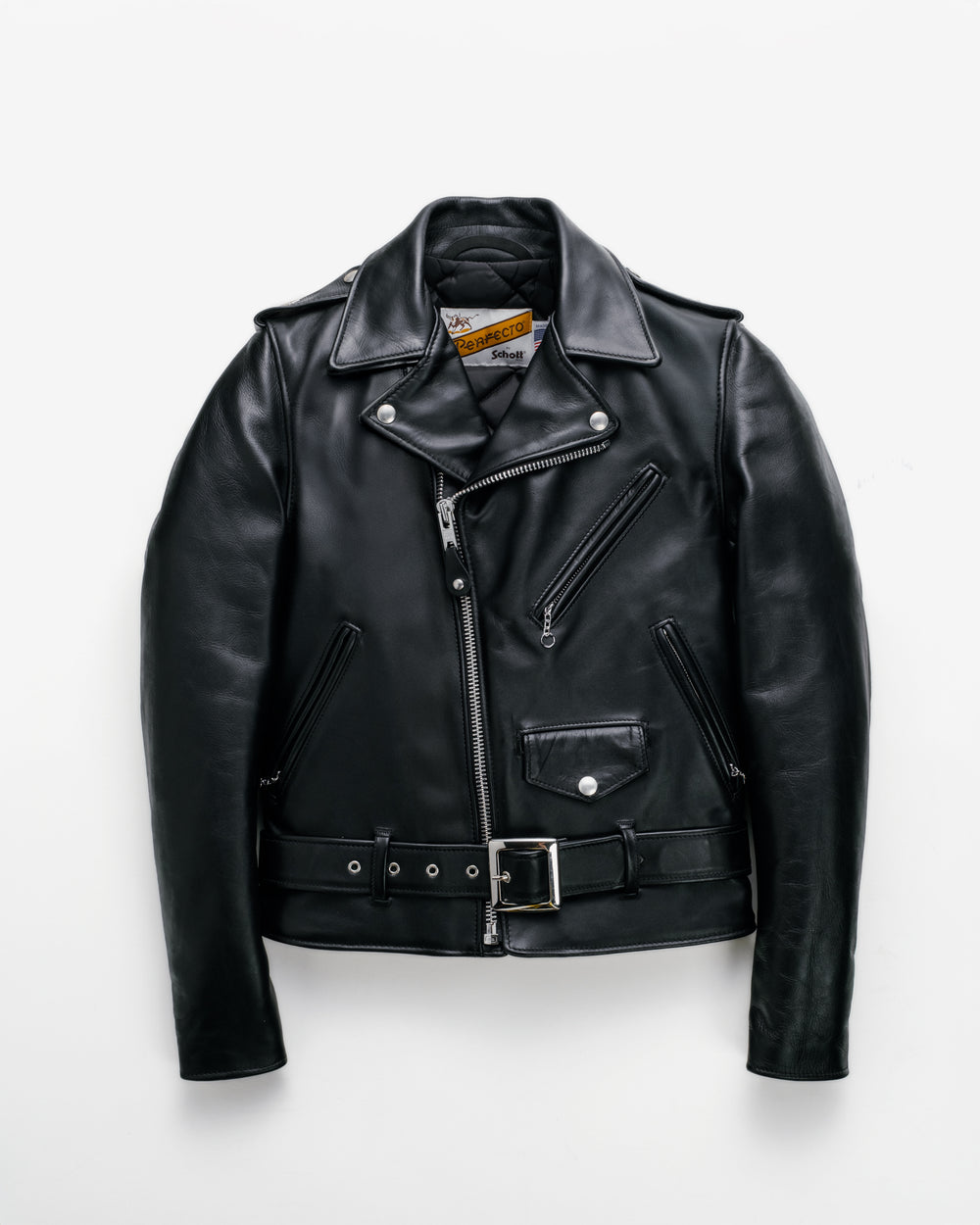 Black leather biker jacket with an asymmetric front zip, broad lapels, shoulder tabs and a waist belt