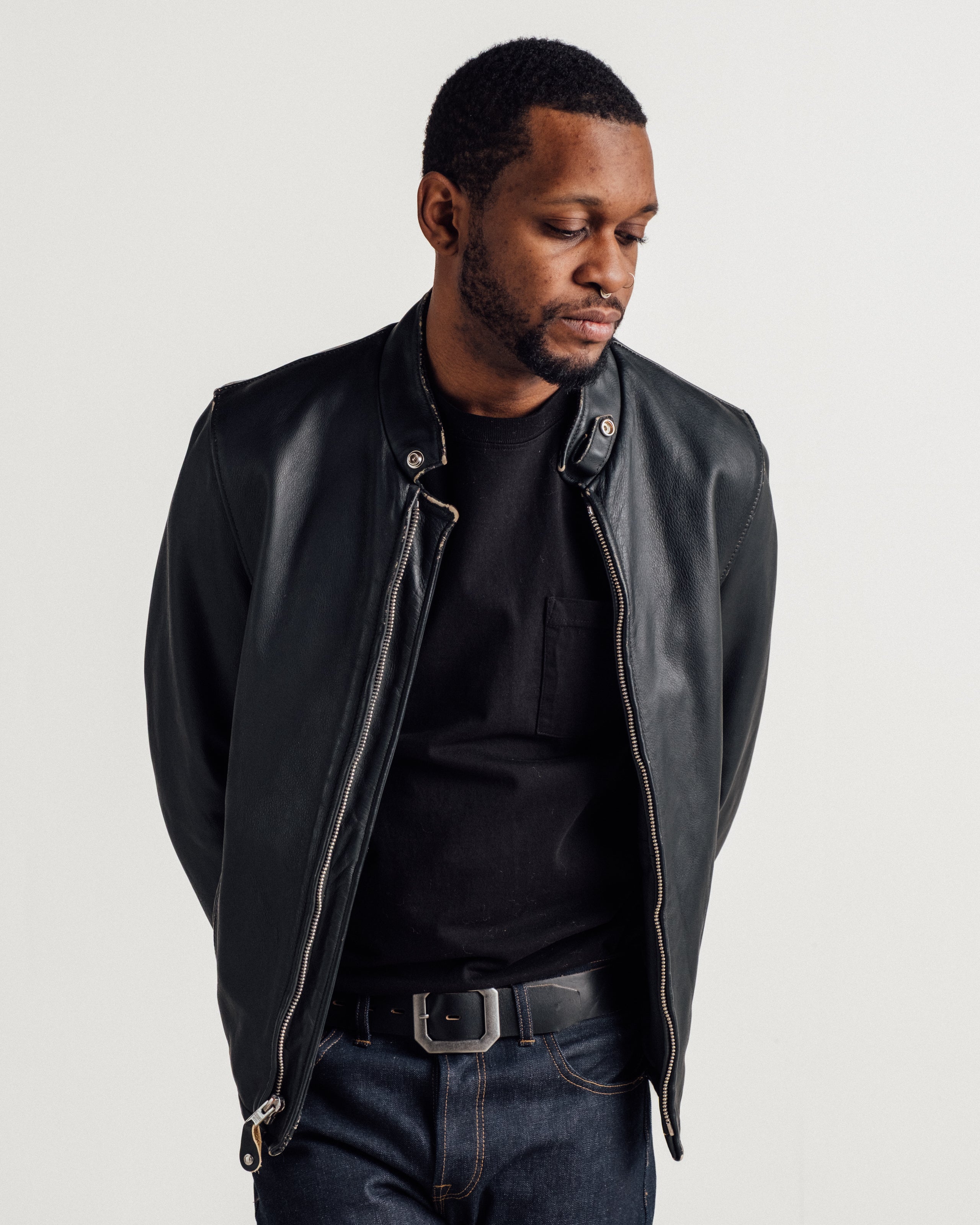 654VN | Vintaged Slim Cowhide Cafe Racer Motorcycle Jacket